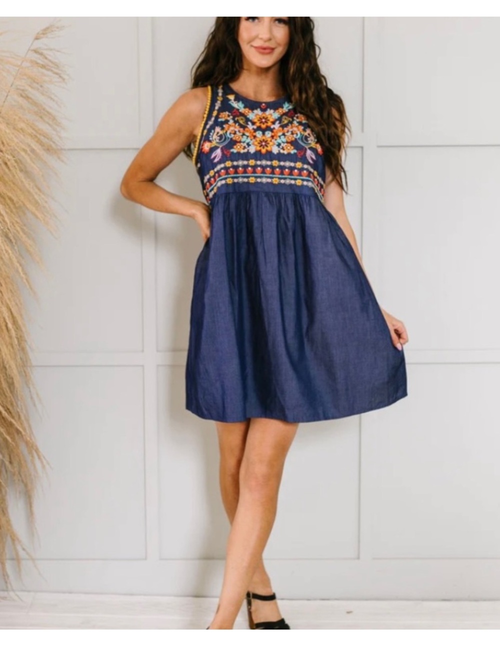 Savanna Jane Embroidered Sleeveless Babydoll Dress in dark blue denim fabric NWT